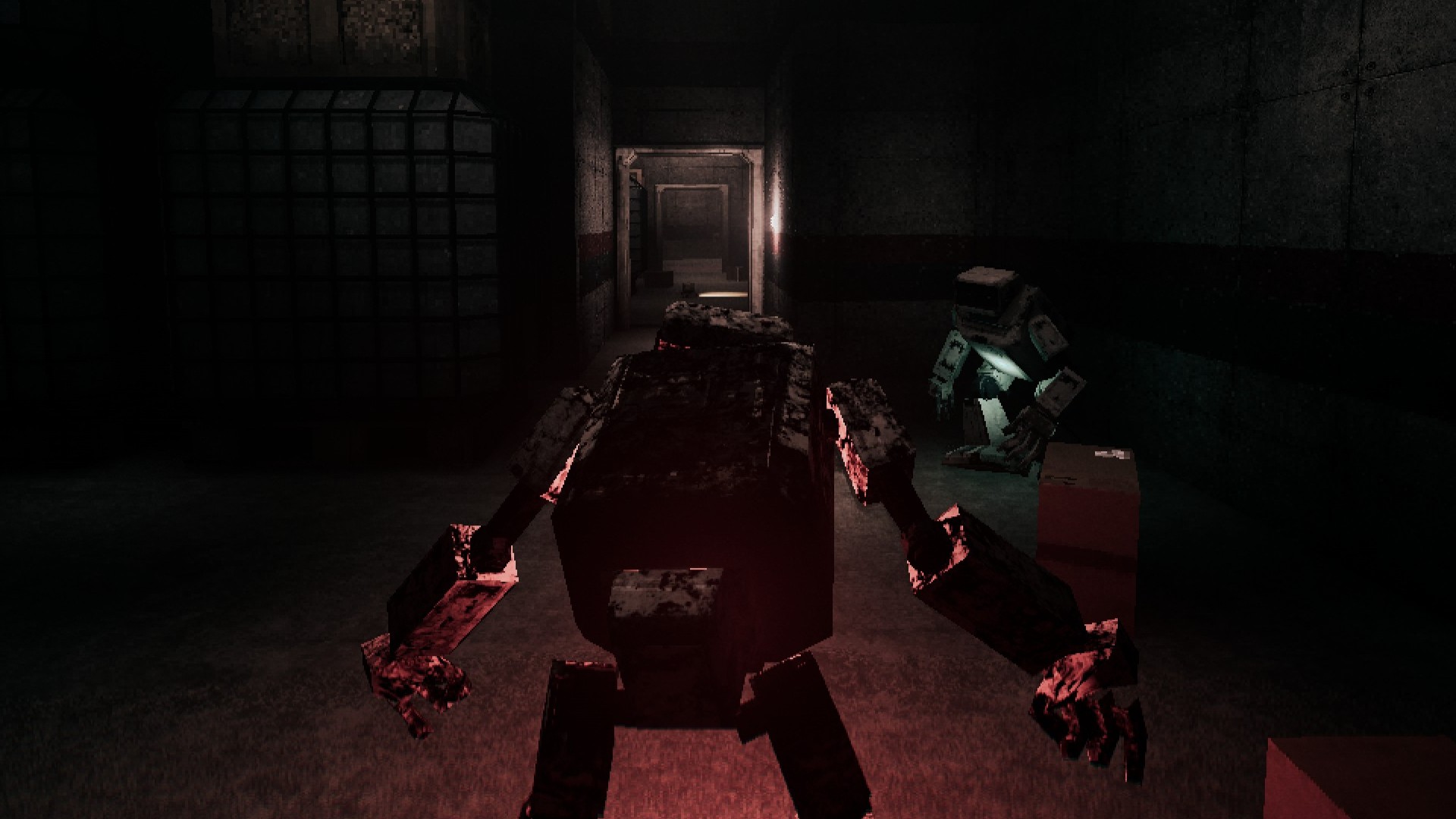 A Corrupted unit blocks the corridor. A standard robot crouches in the dark behind it.