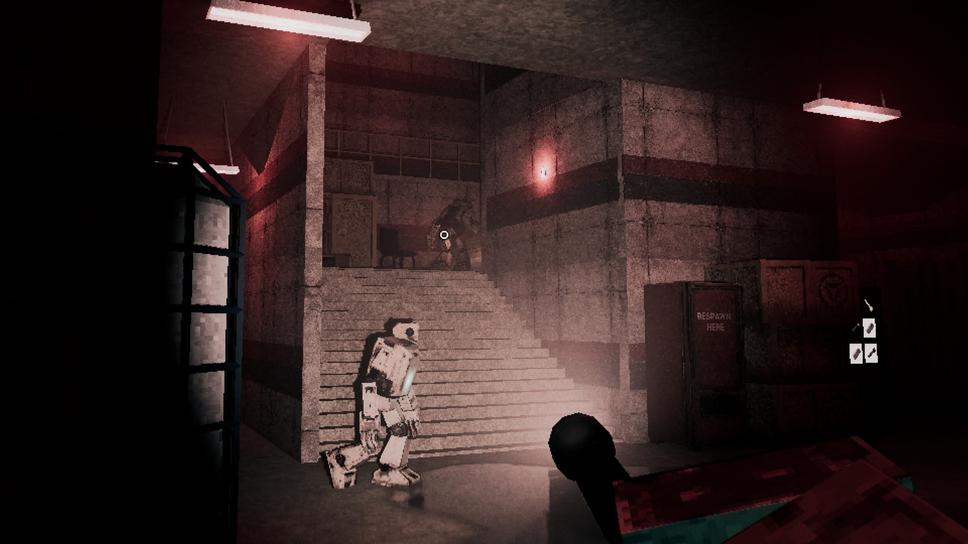 Two robots on a staircase inside the facility. One patrols below; a second watches from the balcony above.